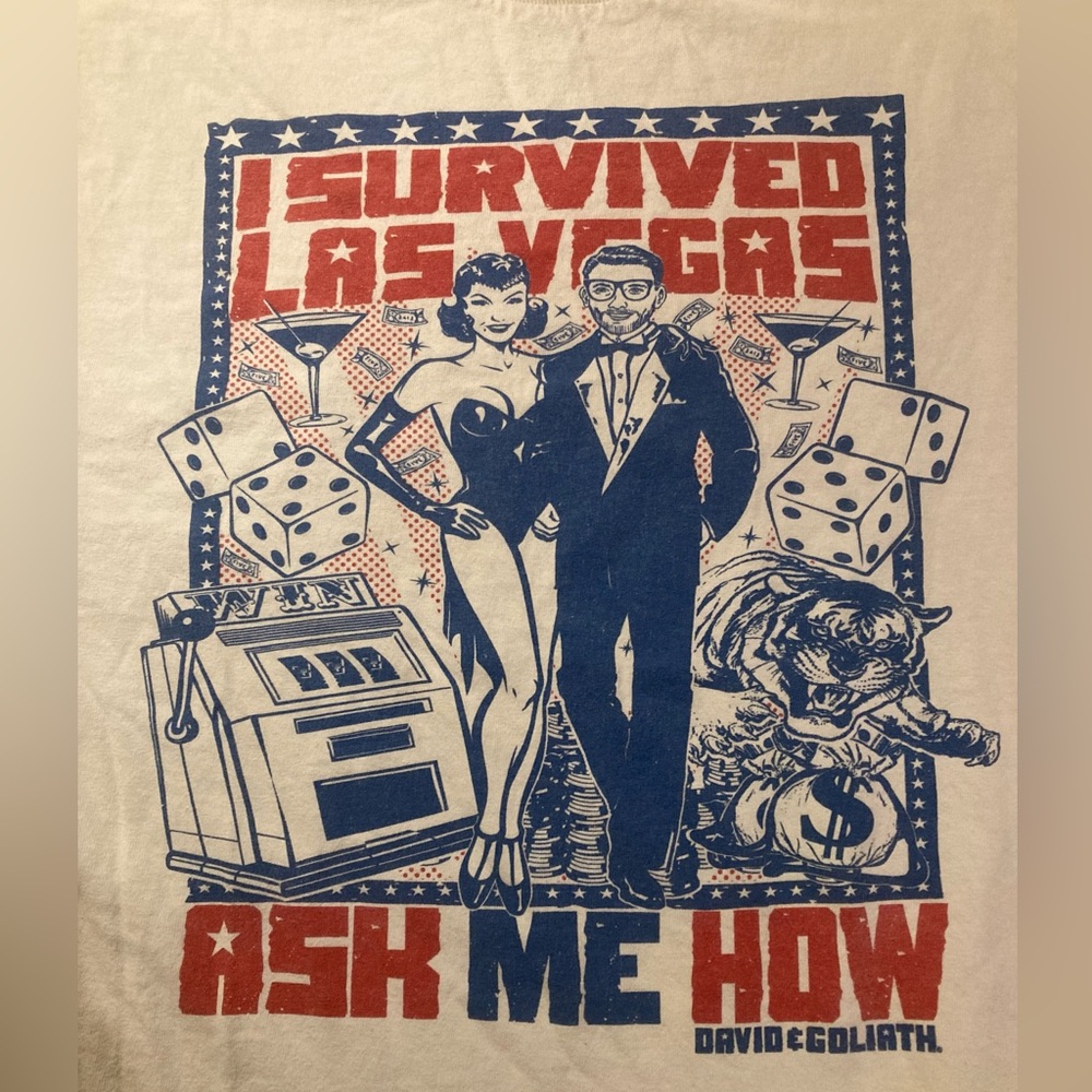 RARE David & Goliath I Survived Las Vegas Ask Me How Mens White Large Shirt